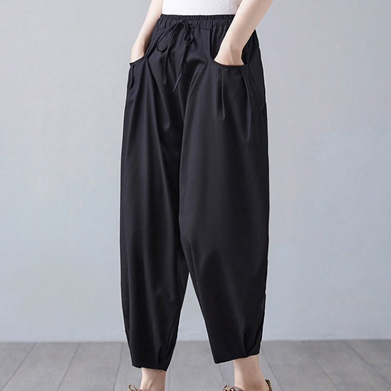 Buddha Stones Summer Plain Cropped Pants Women's Cotton Linen Harem Pants With Pockets