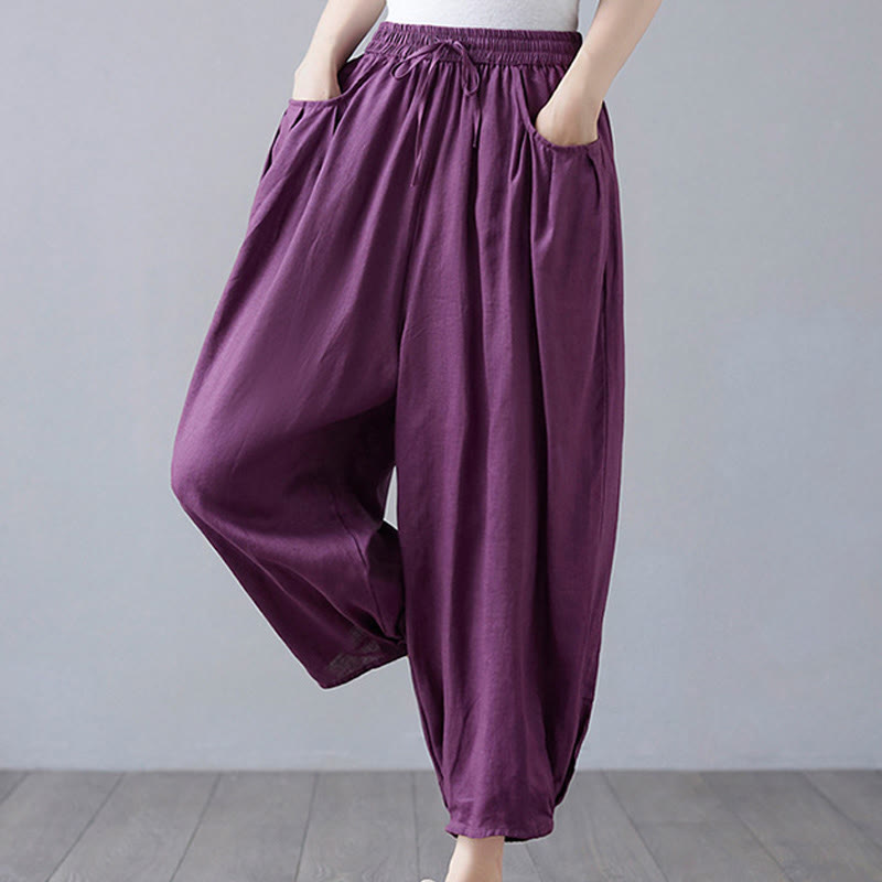 Buddha Stones Summer Plain Cropped Pants Women's Cotton Linen Harem Pants With Pockets