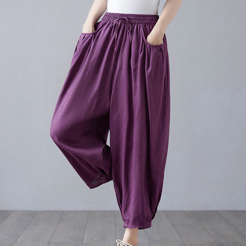 Buddha Stones Summer Plain Cropped Pants Women's Cotton Linen Harem Pants With Pockets