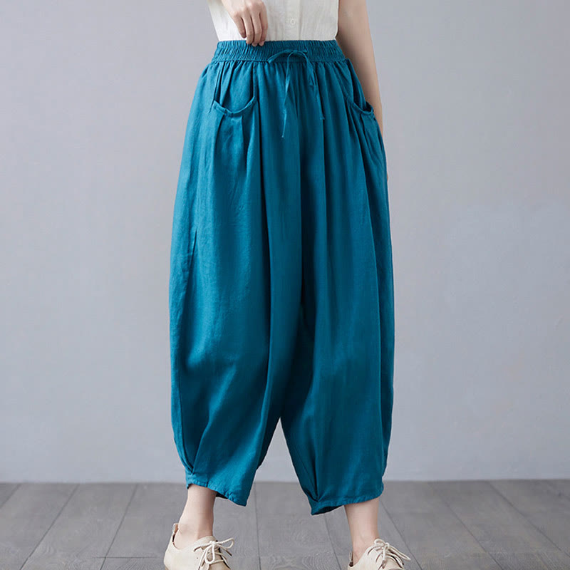 Buddha Stones Summer Plain Cropped Pants Women's Cotton Linen Harem Pants With Pockets