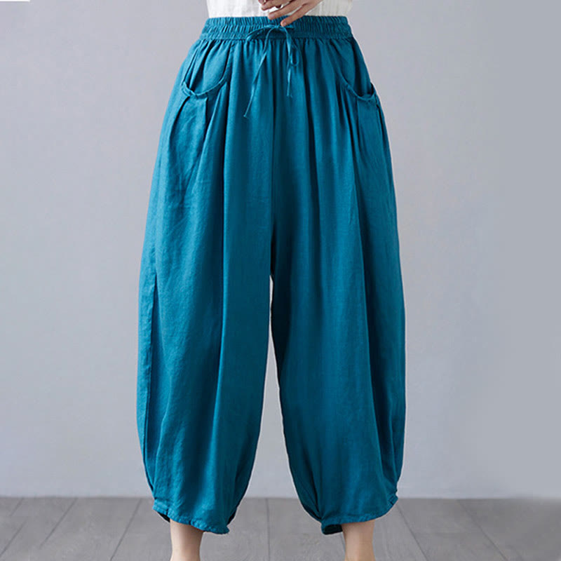 Buddha Stones Summer Plain Cropped Pants Women's Cotton Linen Harem Pants With Pockets