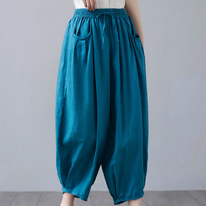 Buddha Stones Summer Plain Cropped Pants Women's Cotton Linen Harem Pants With Pockets