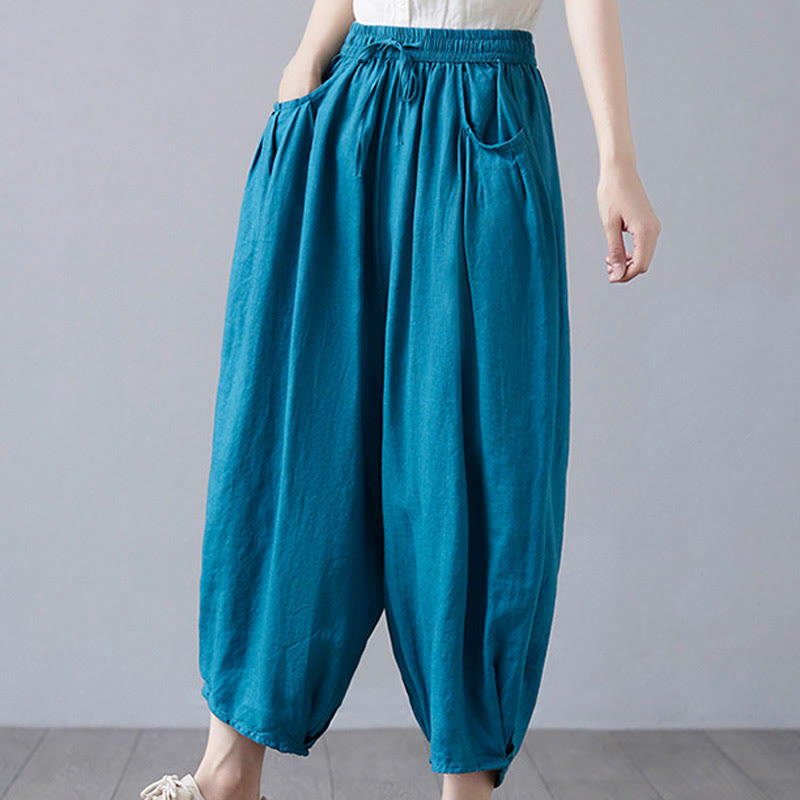 Buddha Stones Summer Plain Cropped Pants Women's Cotton Linen Harem Pants With Pockets