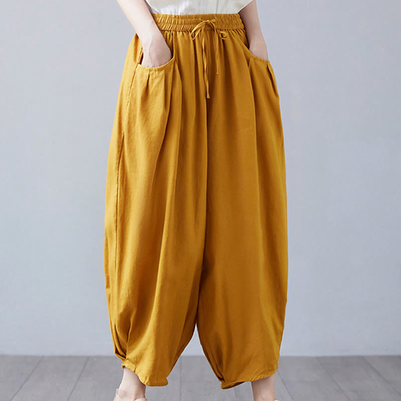 Buddha Stones Summer Plain Cropped Pants Women's Cotton Linen Harem Pants With Pockets