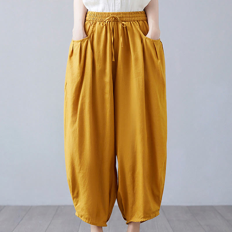 Buddha Stones Summer Plain Cropped Pants Women's Cotton Linen Harem Pants With Pockets