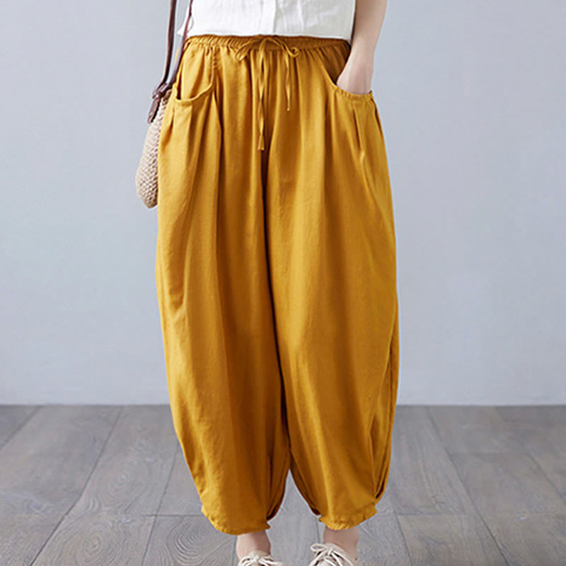 Buddha Stones Summer Plain Cropped Pants Women's Cotton Linen Harem Pants With Pockets