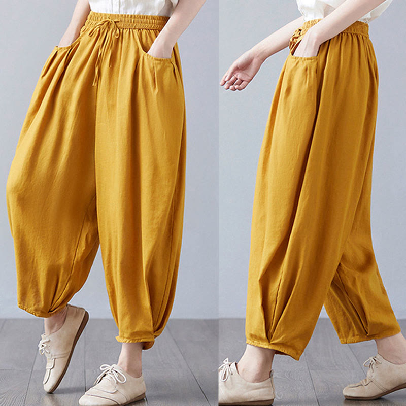 Buddha Stones Summer Plain Cropped Pants Women's Cotton Linen Harem Pants With Pockets