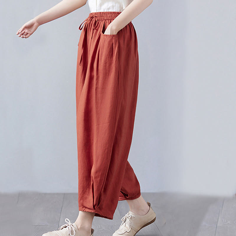 Buddha Stones Summer Plain Cropped Pants Women's Cotton Linen Harem Pants With Pockets