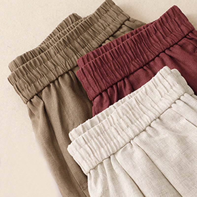 Buddha Stones Summer Plain Women's Cotton Linen Harem Pants With Pockets