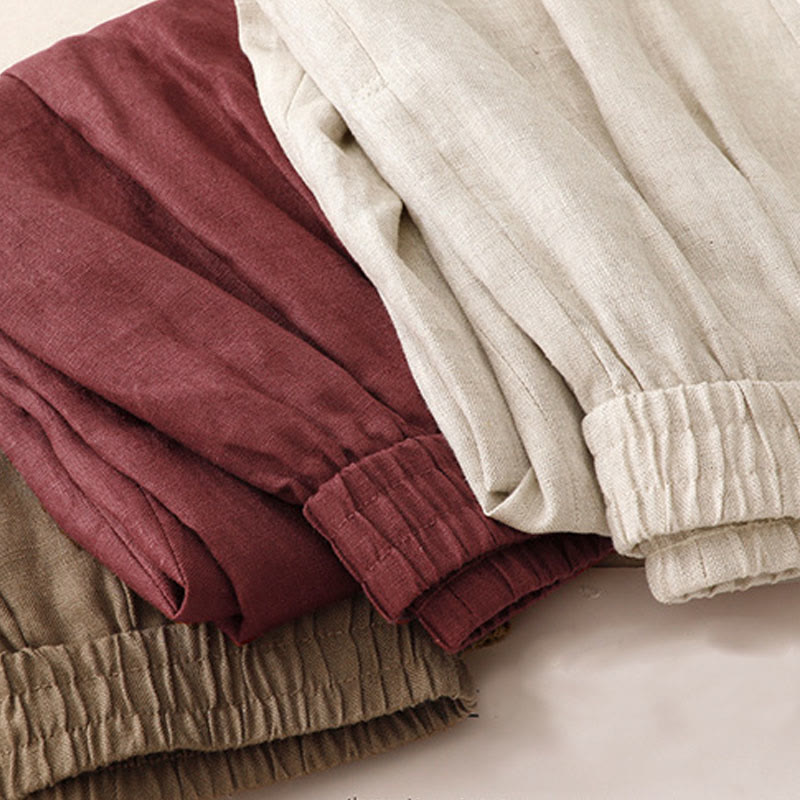 Buddha Stones Summer Plain Women's Cotton Linen Harem Pants With Pockets