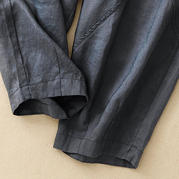 Buddha Stones Casual Plain Cropped Pants Women's Cotton Linen Harem Pants With Pockets