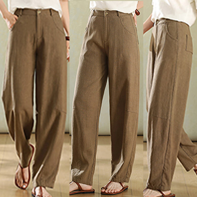 Buddha Stones Pure Color Buttons Women's Linen Pants With Pockets