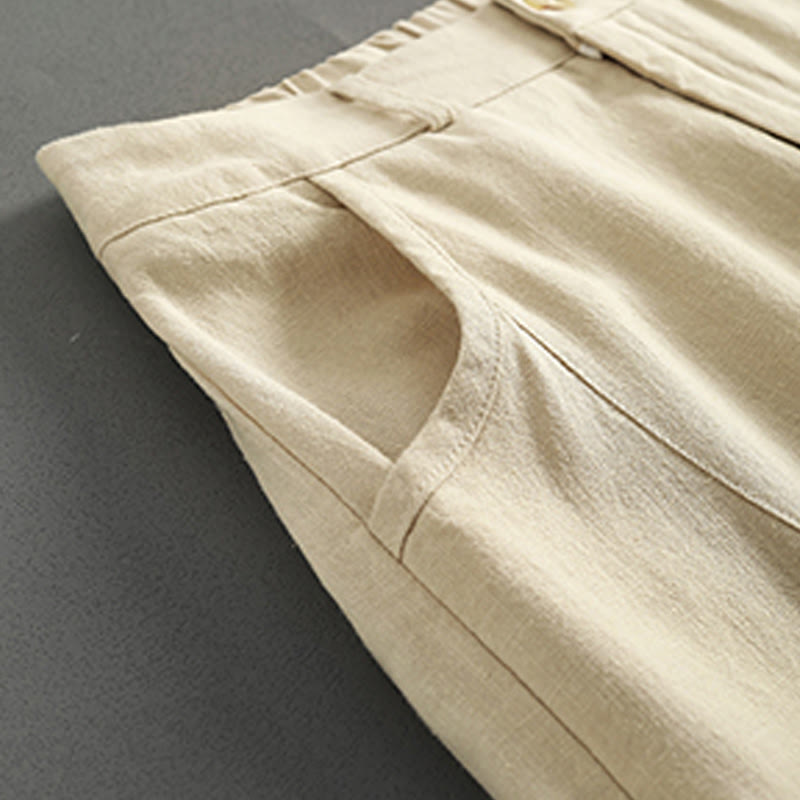 Buddha Stones Pure Color Buttons Women's Linen Pants With Pockets