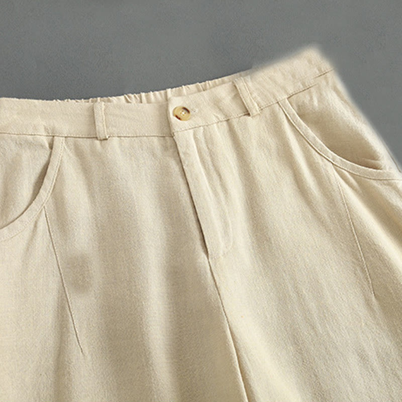 Buddha Stones Pure Color Buttons Women's Linen Pants With Pockets