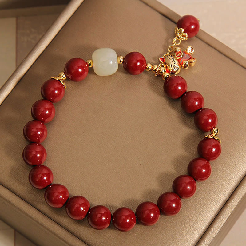 Buddha Stones Natural Lucky Cat Pendant Cinnabar Blessing Bracelet