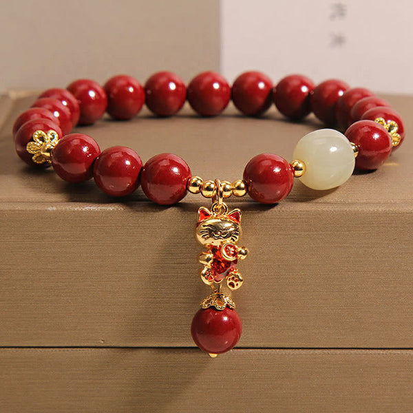 Buddha Stones Natural Lucky Cat Pendant Cinnabar Blessing Bracelet