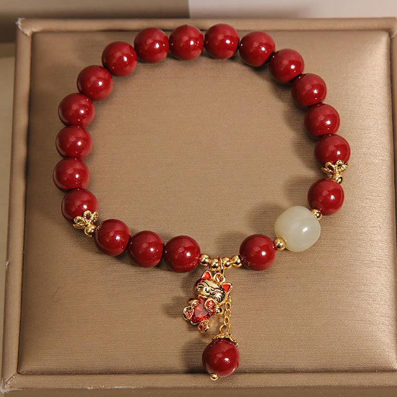 Buddha Stones Natural Lucky Cat Pendant Cinnabar Blessing Bracelet