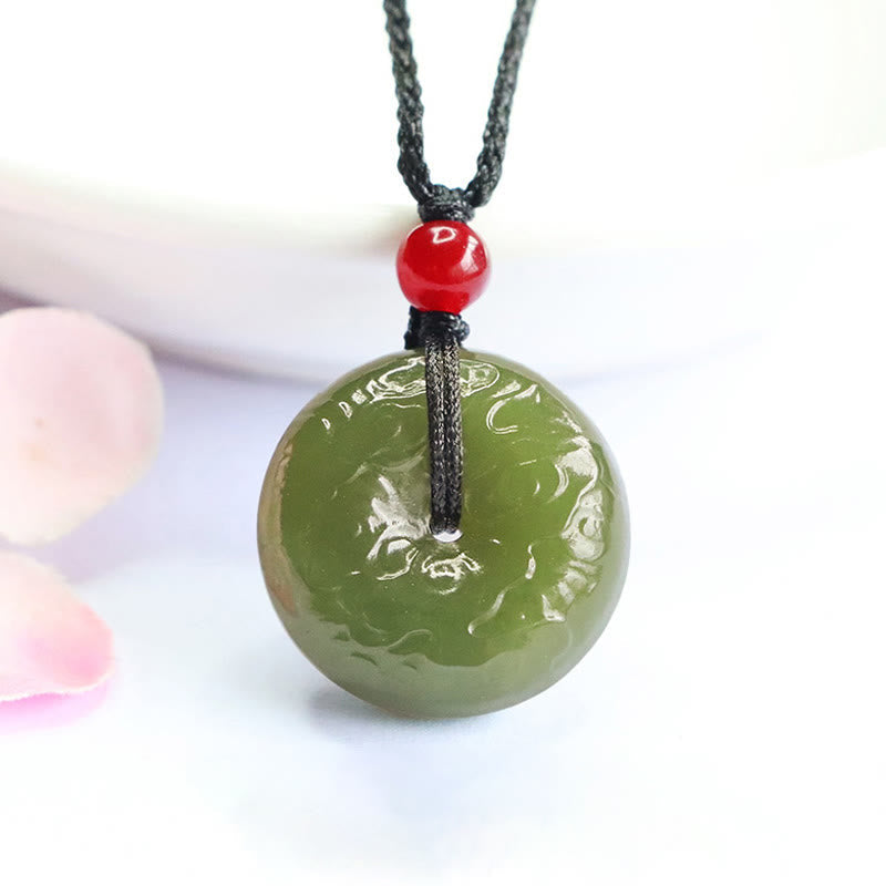 Buddha Stones Peace Buckle Auspicious Clouds Cyan Jade Necklace Luck Pendant