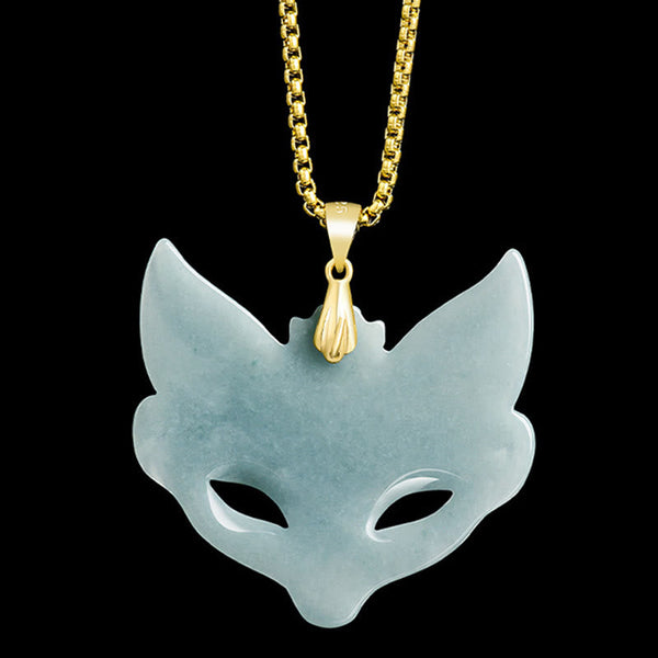 Buddha Stones Fox Mask Jade Titanium Steel Necklace Luck Pendant