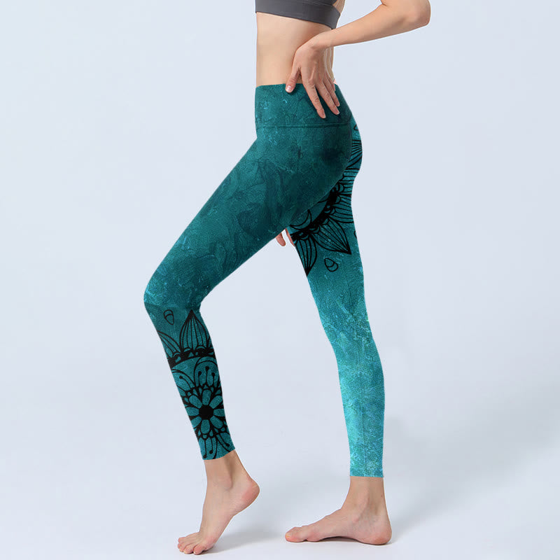 Buddha Stones Green Sunflowers Blossoms Print Gym Leggings Women's Yoga Pants