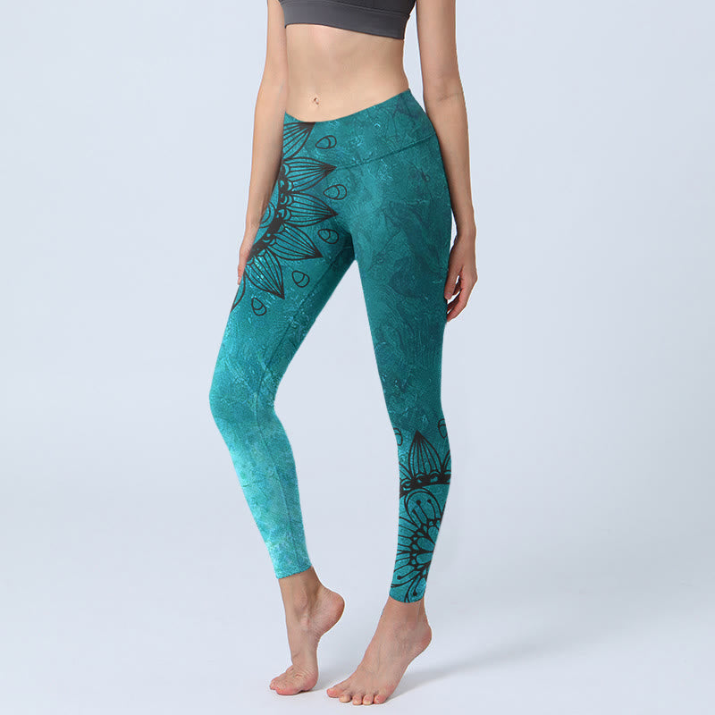 Buddha Stones Green Sunflowers Blossoms Print Gym Leggings Women's Yoga Pants