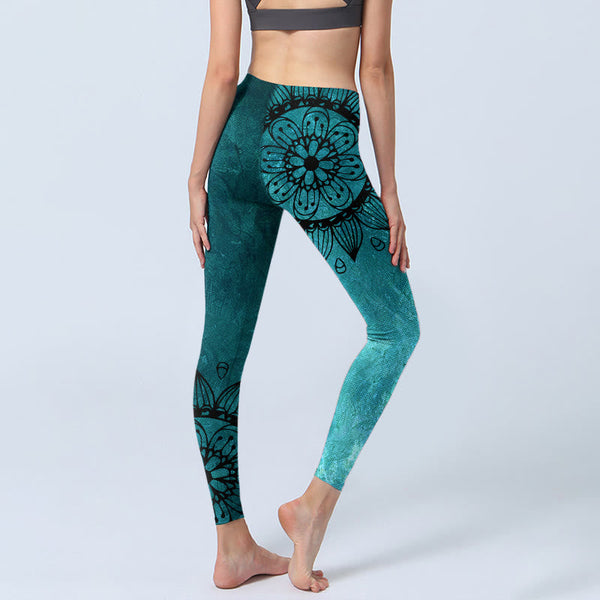 Buddha Stones Green Sunflowers Blossoms Print Gym Leggings Women's Yoga Pants