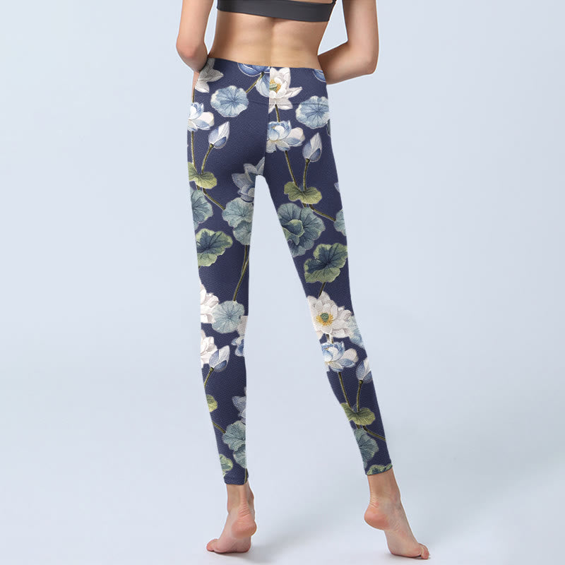 Buddha Stones Blue White Lotus Flowers Oil Painting Print Gym Leggings Women's Yoga Pants