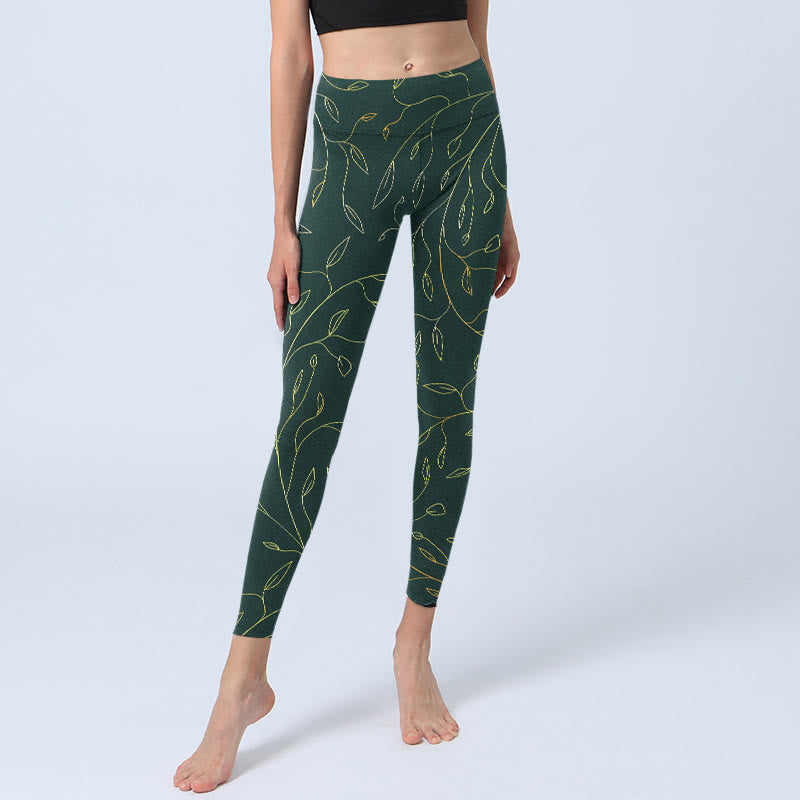 Buddha Stones Green Golden Leaves Branches Print Gym Leggings Women's Yoga Pants