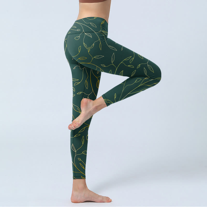 Buddha Stones Green Golden Leaves Branches Print Gym Leggings Women's Yoga Pants