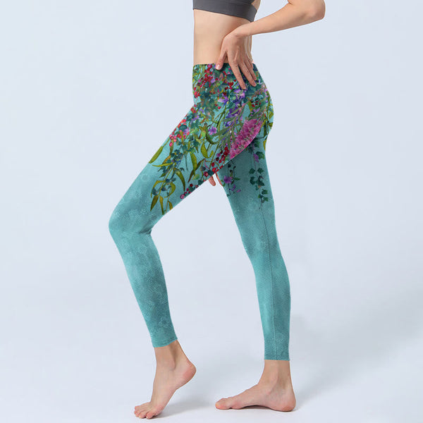 Buddha Stones Vibrant Flowers Green Willow Leaves Print Gym Leggings Women's Yoga Pants