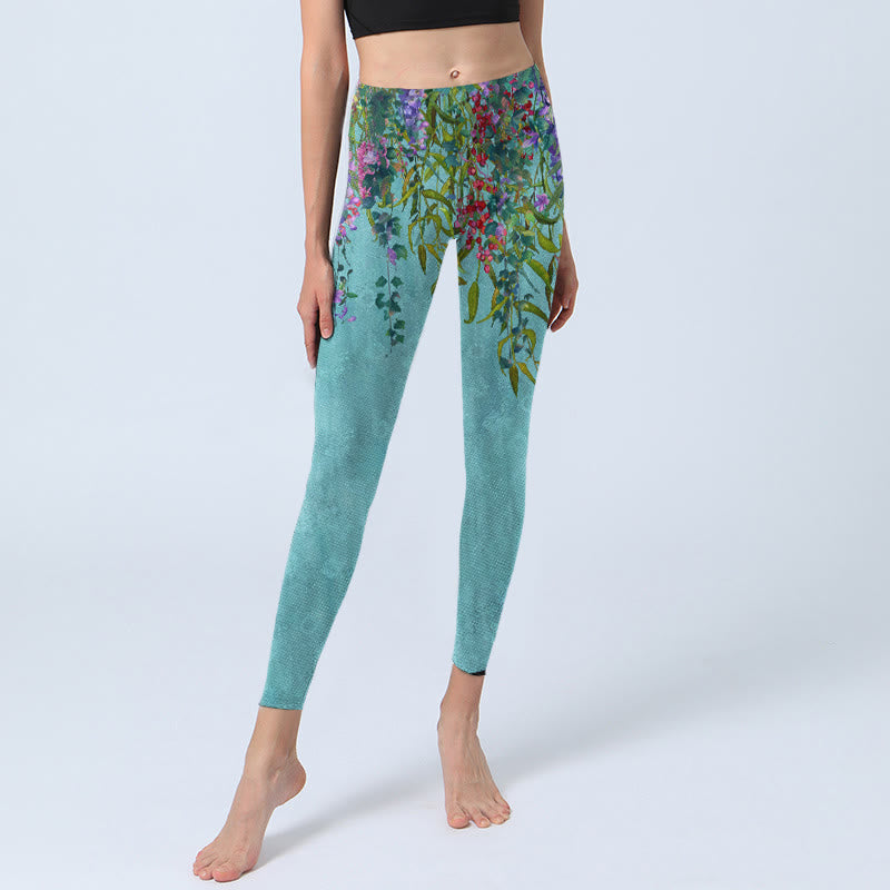 Buddha Stones Vibrant Flowers Green Willow Leaves Print Gym Leggings Women's Yoga Pants