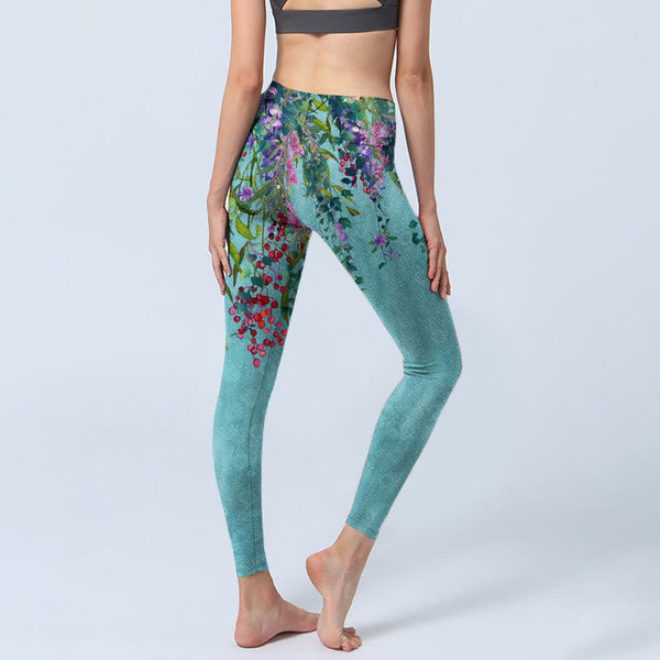 Buddha Stones Vibrant Flowers Green Willow Leaves Print Gym Leggings Women's Yoga Pants