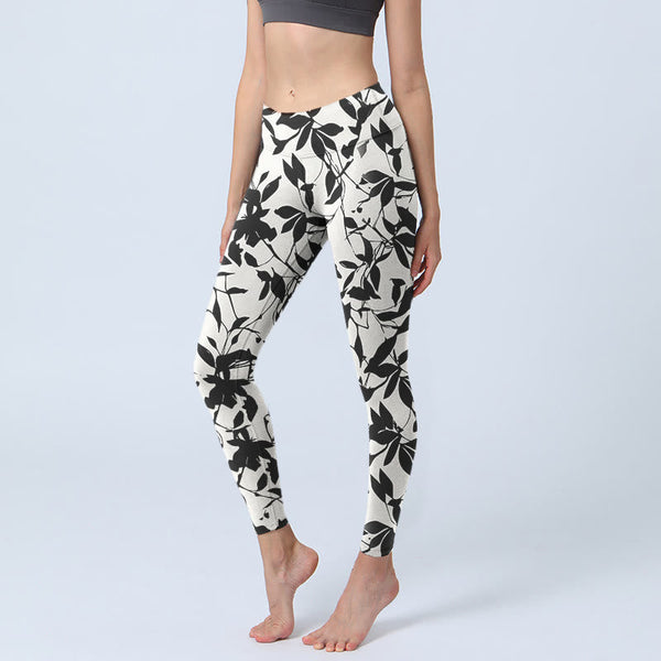Buddha Stones Black Leaves Print Gym Leggings Women's Yoga Pants