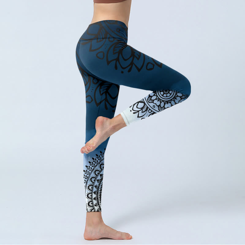 Buddha Stones Circular Mandala Flower Print Gym Leggings Women's Yoga Pants