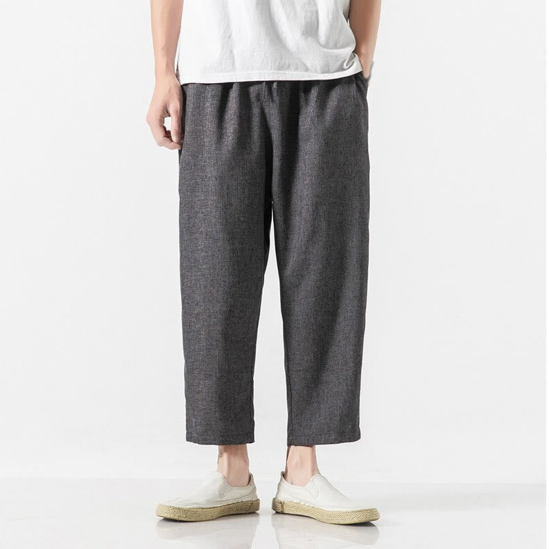 Buddha Stones Summer Plain Men's 7-8 Length Cotton Linen Pants With Pockets