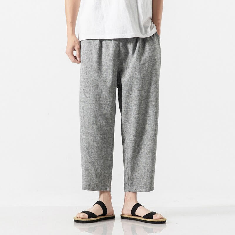 Buddha Stones Summer Plain Men's 7-8 Length Cotton Linen Pants With Pockets