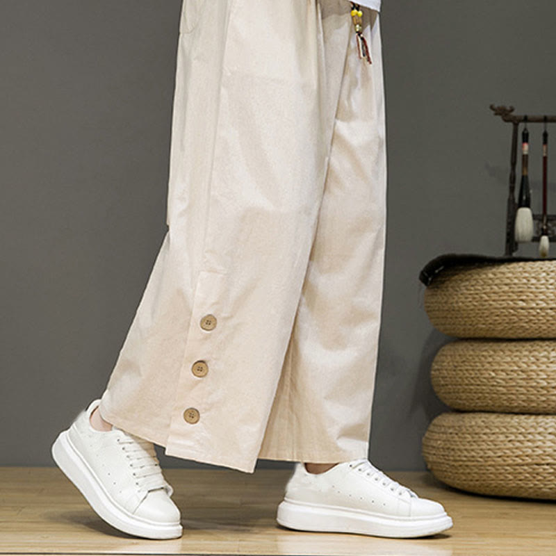 Buddha Stones Solid Color Linen Buttons Drawstring Men's Straight Leg Pants With Pockets