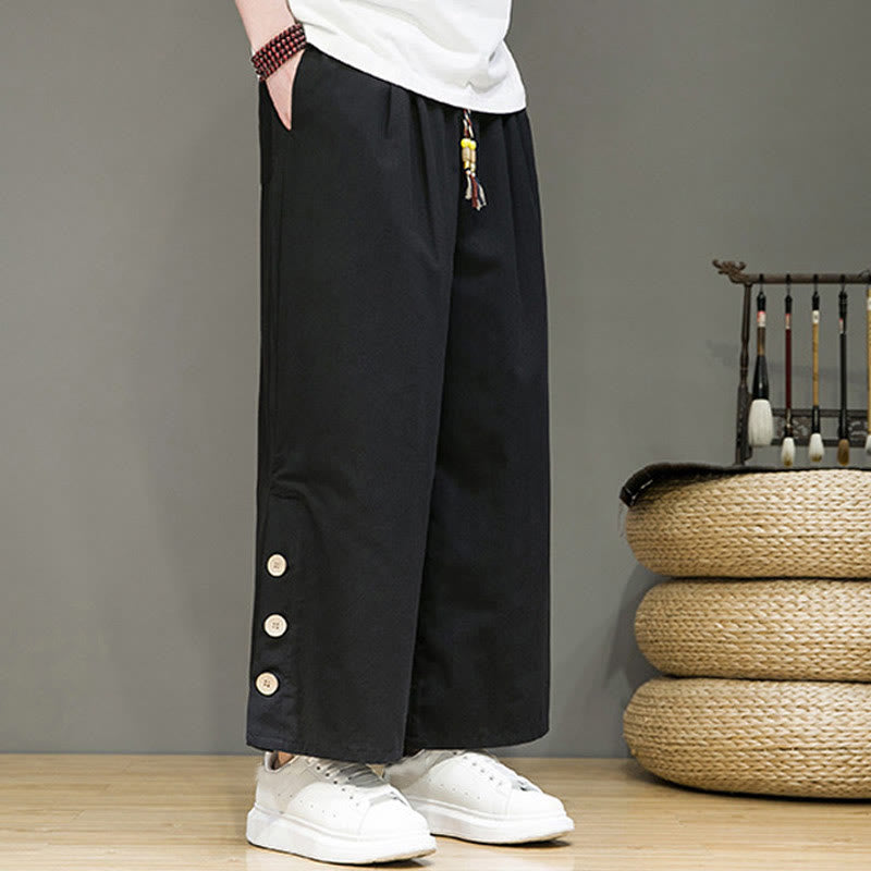 Buddha Stones Solid Color Linen Buttons Drawstring Men's Straight Leg Pants With Pockets