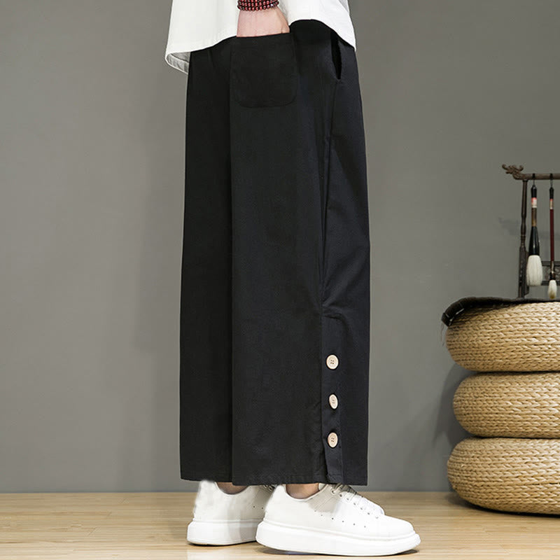 Buddha Stones Solid Color Linen Buttons Drawstring Men's Straight Leg Pants With Pockets