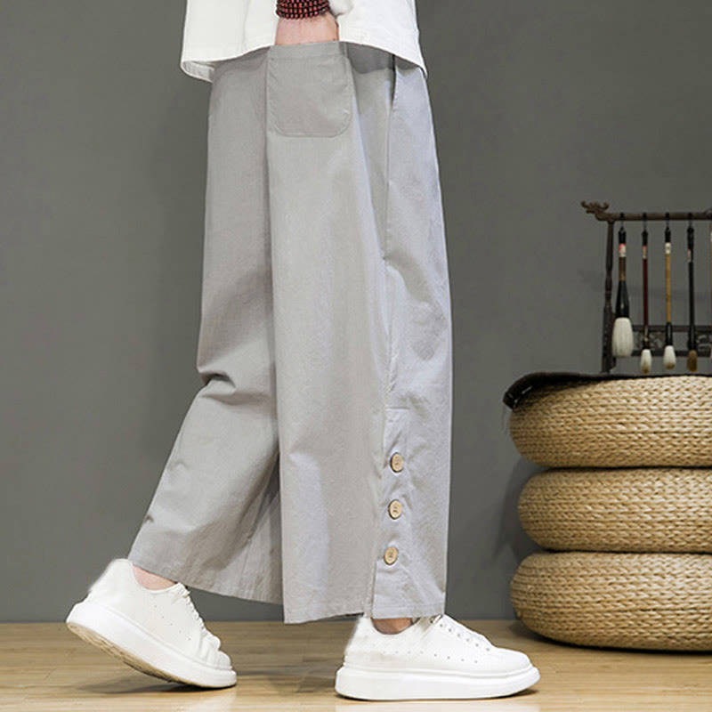 Buddha Stones Solid Color Linen Buttons Drawstring Men's Straight Leg Pants With Pockets