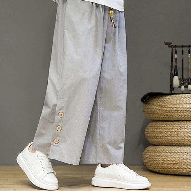 Buddha Stones Solid Color Linen Buttons Drawstring Men's Straight Leg Pants With Pockets