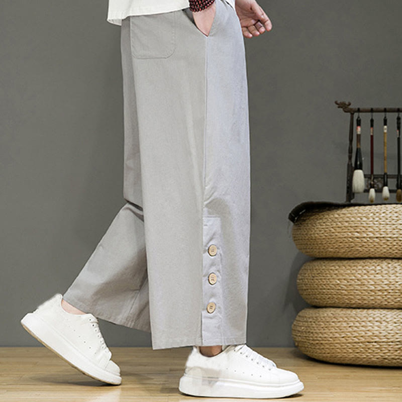 Buddha Stones Solid Color Linen Buttons Drawstring Men's Straight Leg Pants With Pockets