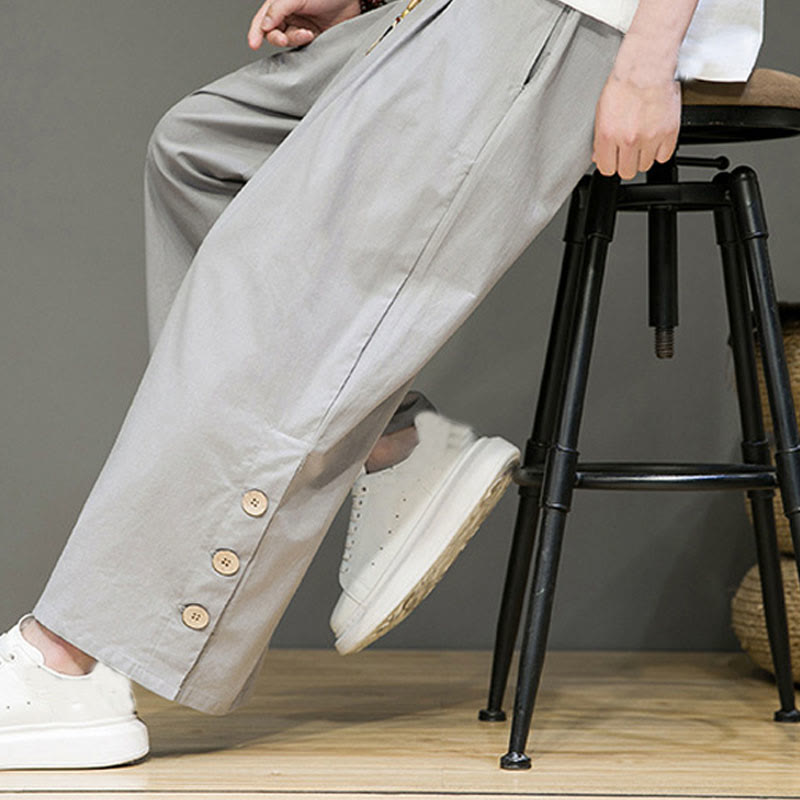 Buddha Stones Solid Color Linen Buttons Drawstring Men's Straight Leg Pants With Pockets