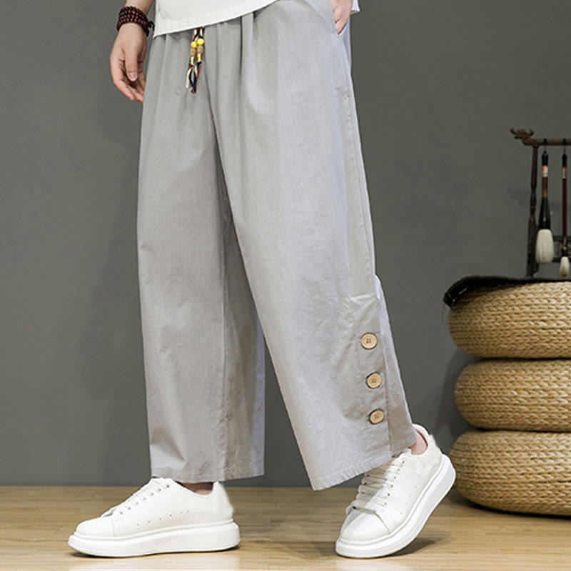 Buddha Stones Solid Color Linen Buttons Drawstring Men's Straight Leg Pants With Pockets