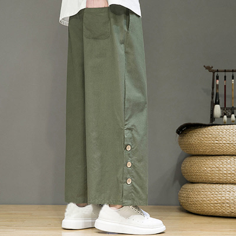 Buddha Stones Solid Color Linen Buttons Drawstring Men's Straight Leg Pants With Pockets