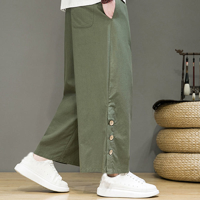 Buddha Stones Solid Color Linen Buttons Drawstring Men's Straight Leg Pants With Pockets