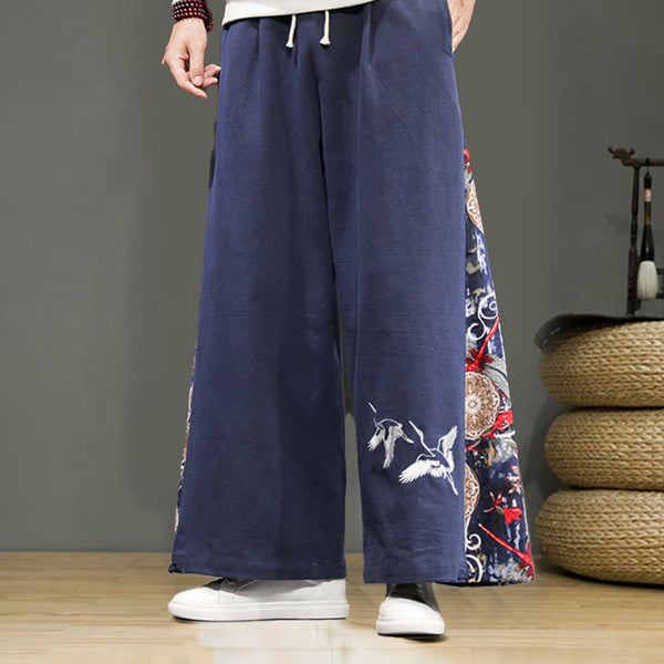 Buddha Stones Crane Embroidery Drawstring Men's Cotton Linen Wide Leg Pants With Pockets