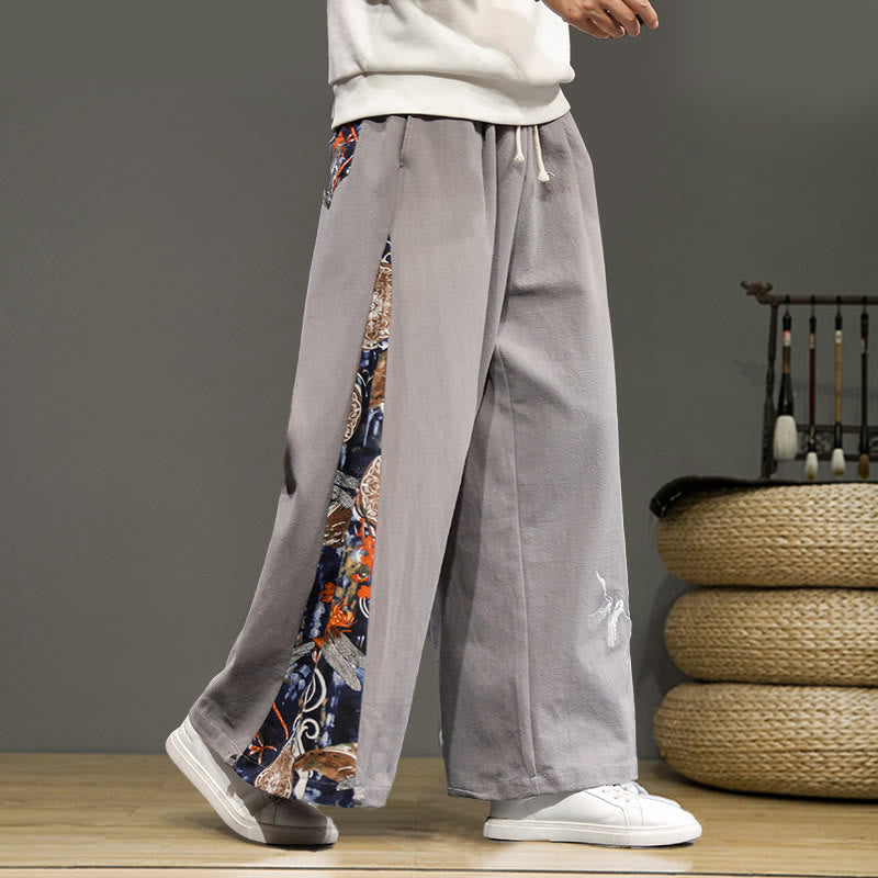 Buddha Stones Crane Embroidery Drawstring Men's Cotton Linen Wide Leg Pants With Pockets