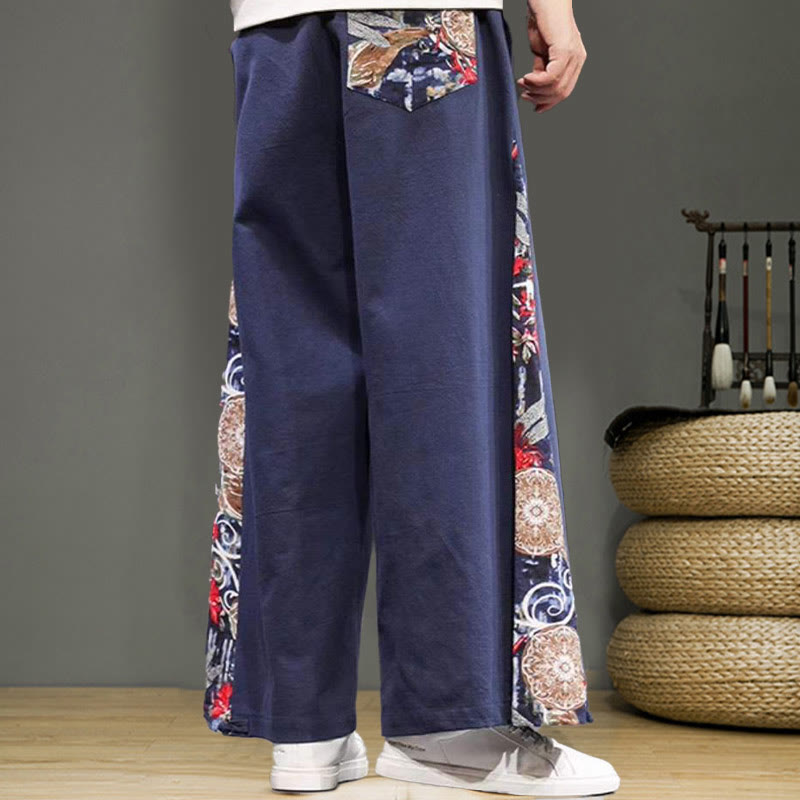Buddha Stones Crane Embroidery Drawstring Men's Cotton Linen Wide Leg Pants With Pockets