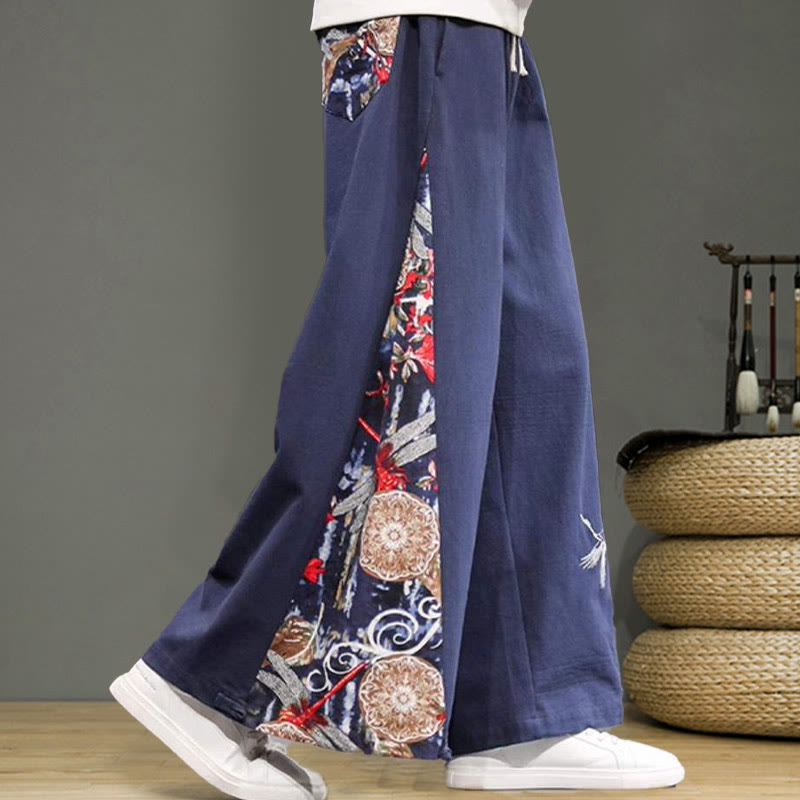 Buddha Stones Crane Embroidery Drawstring Men's Cotton Linen Wide Leg Pants With Pockets